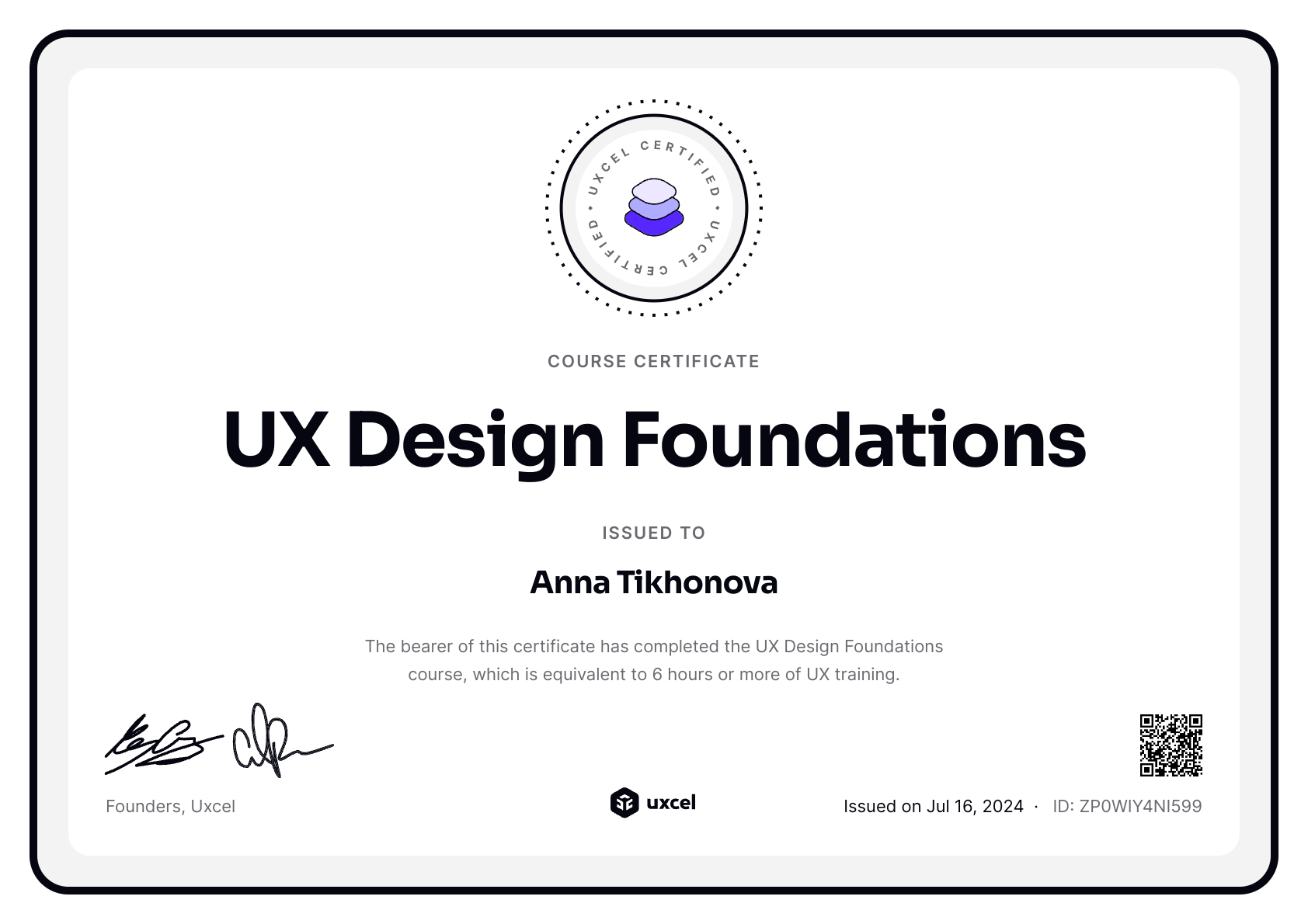 Anna Tikhonova's certificate